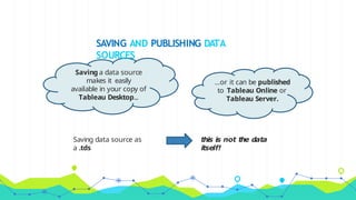 SAVING AND PUBLISHING DATA
SOURCES
Saving data source as
a .tds
this is not the data
itself!
Saving a data source
makes it easily
available in your copy of
Tableau Desktop...
...or it can be published
to Tableau Online or
Tableau Server.
 