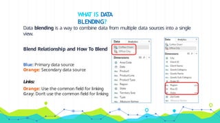 WHA
T IS DAT
A
BLENDING?
Data blending is a way to combine data from multiple data sources into a single
view.
Blend Relationship and How To Blend
Blue: Primary data source
Orange: Secondary data source
Links:
Orange: Use the common field for linking
Gray: Don’t use the common field for linking
 