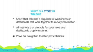 WHAT IS A STORY IN
TABLEAU?
◉ Sheet that contains a sequence of worksheets or
dashboards that work together to convey information
◉ All methods that are able for datasheets and
dashboards apply to stories
◉ Powerful navigation tool for presentations
 