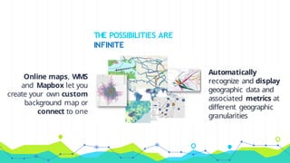 THE POSSIBILITIES ARE
INFINITE
Online maps, WMS
and Mapbox let you
create your own custom
background map or
connect to one
Automatically
recognize and display
geographic data and
associated metrics at
different geographic
granularities
 