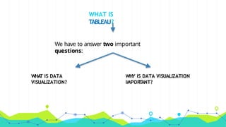 WHAT IS
TABLEAU?
We have to answer two important
questions:
WHA
T IS DATA
VISUALIZATION?
WHY IS DATA VISUALIZATION
IMPORT
ANT?
 