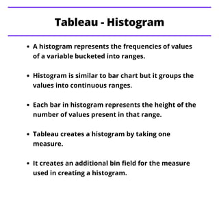A histogram represents the frequencies of values
of a variable bucketed into ranges.
Histogram is similar to bar chart but...