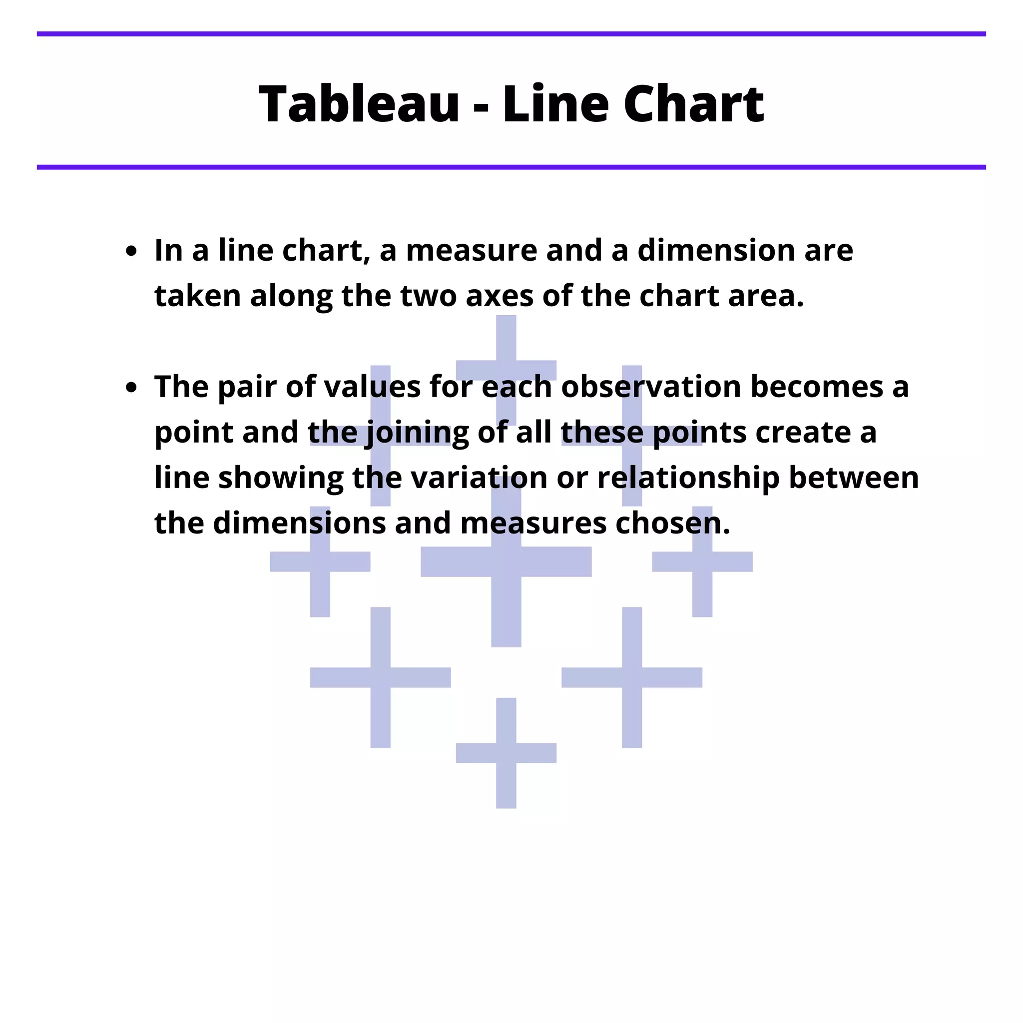 In a line chart, a measure and a dimension are
taken along the two axes of the chart area.
The pair of values for each observation becomes a
point and the joining of all these points create a
line showing the variation or relationship between
the dimensions and measures chosen.
Tableau - Line Chart