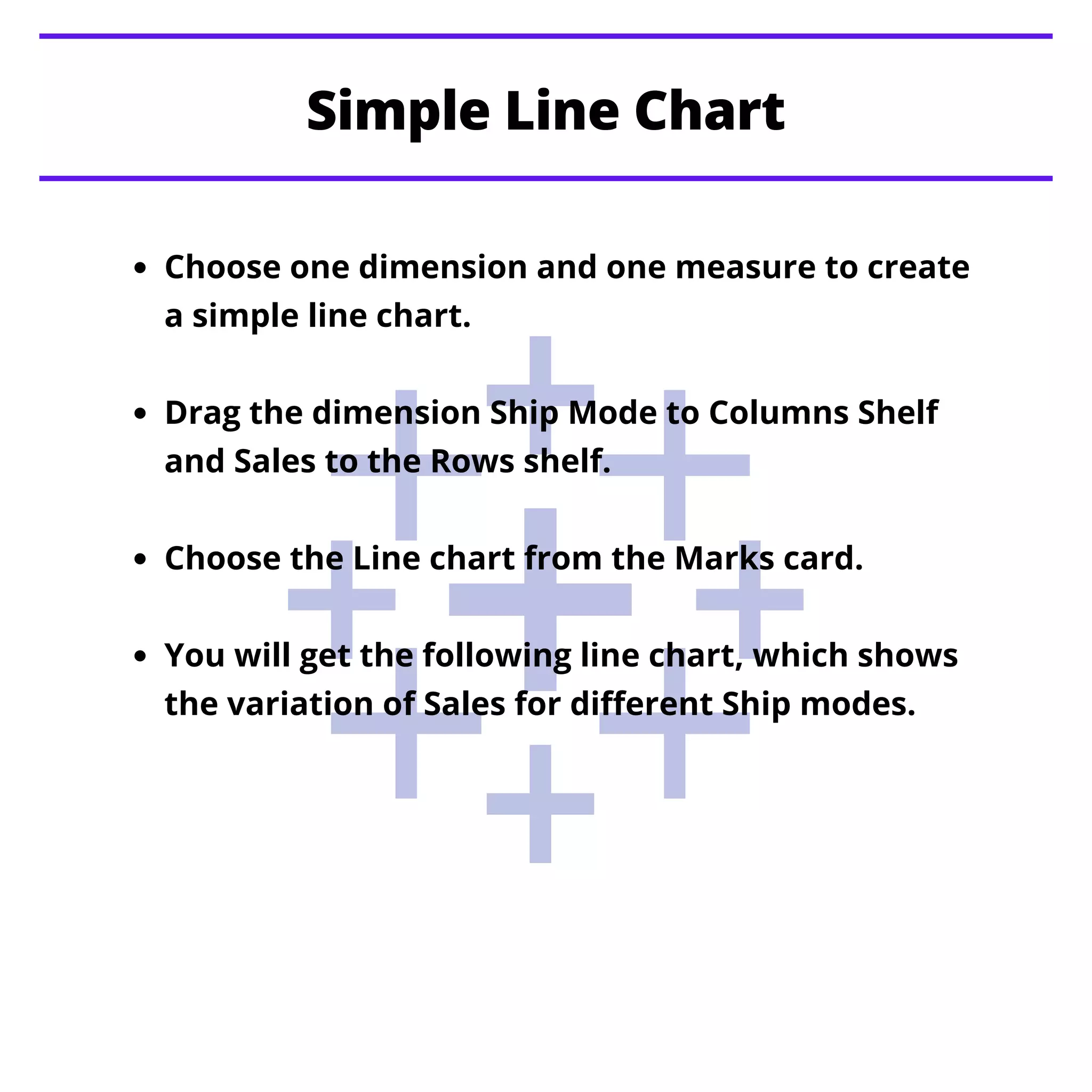Simple Line Chart
Choose one dimension and one measure to create
a simple line chart.
Drag the dimension Ship Mode to Columns Shelf
and Sales to the Rows shelf.
Choose the Line chart from the Marks card.
You will get the following line chart, which shows
the variation of Sales for different Ship modes.