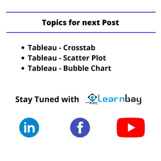 Tableau - Crosstab
Tableau - Scatter Plot
Tableau - Bubble Chart
Stay Tuned with
Topics for next Post
 