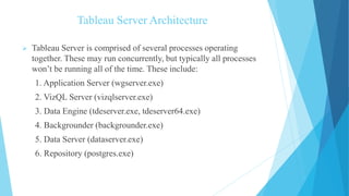 Tableau Server Architecture
 Tableau Server is comprised of several processes operating
together. These may run concurrently, but typically all processes
won’t be running all of the time. These include:
1. Application Server (wgserver.exe)
2. VizQL Server (vizqlserver.exe)
3. Data Engine (tdeserver.exe, tdeserver64.exe)
4. Backgrounder (backgrounder.exe)
5. Data Server (dataserver.exe)
6. Repository (postgres.exe)
 