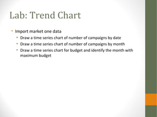 Lab: Trend Chart
• Import market one data
• Draw a time series chart of number of campaigns by date
• Draw a time series chart of number of campaigns by month
• Draw a time series chart for budget and identify the month with
maximum budget
 