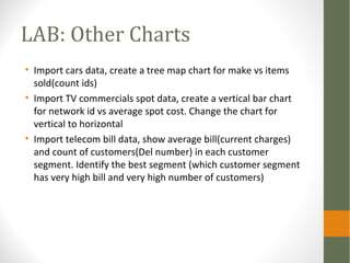 LAB: Other Charts
• Import cars data, create a tree map chart for make vs items
sold(count ids)
• Import TV commercials spot data, create a vertical bar chart
for network id vs average spot cost. Change the chart for
vertical to horizontal
• Import telecom bill data, show average bill(current charges)
and count of customers(Del number) in each customer
segment. Identify the best segment (which customer segment
has very high bill and very high number of customers)
 