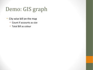Demo: GIS graph
• City wise bill on the map
• Count if accounts as size
• Total Bill as colour
 