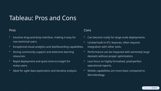 Tableau: Pros and Cons
Pros
• Intuitive drag-and-drop interface, making it easy for
non-technical users.
• Exceptional visual analytics and dashboarding capabilities.
• Strong community support and extensive learning
resources.
• Rapid deployment and quick time-to-insight for
many users.
• Ideal for agile data exploration and iterative analysis.
Cons
• Can become costly for large-scale deployments.
• Limited built-in ETL features; often requires
integration with other tools.
• Performance can be impacted with extremely large
datasets without proper optimization.
• Less focus on highly formatted, pixel-perfect
operational reports.
• Mobile capabilities are more basic compared to
MicroStrategy.
 