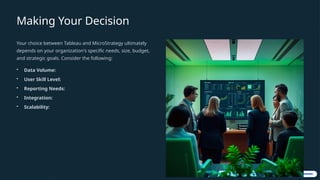Making Your Decision
Your choice between Tableau and MicroStrategy ultimately
depends on your organization's specific needs, size, budget,
and strategic goals. Consider the following:
• Data Volume:
• User Skill Level:
• Reporting Needs:
• Integration:
• Scalability:
 