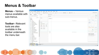 Menus & Toolbar
Menus – Various
menus available with
sub-menus.
Toolbar– Relevant
tools are also
available in the
toolbar underneath
the menu bar.
 