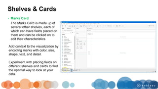 Shelves & Cards
Add context to the visualization by
encoding marks with color, size,
shape, text, and detail.
Experiment with placing fields on
different shelves and cards to find
the optimal way to look at your
data.
• Marks Card
The Marks Card is made up of
several other shelves, each of
which can have fields placed on
them and can be clicked on to
edit their characteristics
 