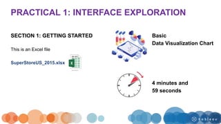 SECTION 1: GETTING STARTED
This is an Excel file
SuperStoreUS_2015.xlsx
PRACTICAL 1: INTERFACE EXPLORATION
Basic
Data Visualization Chart
4 minutes and
59 seconds
 