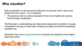 Why visualize?
Data visualization is not a personal preference, to be done “just in case some
people are more visual.” It is a necessity!
• The previous slide is a classic example of how some insights can only be
found through visualization.
The first step in understanding your data should always be to examine it visually.
Visualization can play a critical role in helping you figure out what the interesting
questions are.
Remember the picture superiority effect: pictures are retained at much higher
rates than words.
 