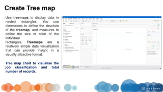 Use treemaps to display data in
nested rectangles. You use
dimensions to define the structure
of the treemap, and measures to
define the size or color of the
individual
rectangles. Treemaps are a
relatively simple data visualization
that can provide insight in a
visually attractive format.
Create Tree map
Tree map chart to visualise the
job classification and total
number of records.
 