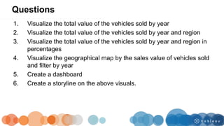 Questions
1. Visualize the total value of the vehicles sold by year
2. Visualize the total value of the vehicles sold by year and region
3. Visualize the total value of the vehicles sold by year and region in
percentages
4. Visualize the geographical map by the sales value of vehicles sold
and filter by year
5. Create a dashboard
6. Create a storyline on the above visuals.
 