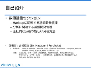 ԼB
? P
C HadoopvBP_k
C vBP_k
C ȫĤʷ¤
? kߣʷ (Dr. Masabumi Furuhata)
C ʽUs Univ. of Southern California, JAIST, Universite de Tououse 1 - Capitole, Univ. of
Western Sydney, ѧ, KPMG󥵥ƥ
C Ұ ᥫ˥?ǥо׹\ݔʡ׹܊о|^ȯȡʤɣ
ץ饤`ޥͩ`ȣѧI֡ͨŘI֡ܙC֤ʤ)
SAP SCM, SAP BW, SAP R/3
 