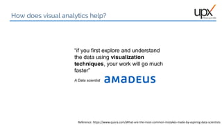 07
“if you first explore and understand
the data using visualization
techniques, your work will go much
faster”
A Data scientist
Reference: https://www.quora.com/What-are-the-most-common-mistakes-made-by-aspiring-data-scientists
How does visual analytics help?
 
