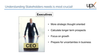 Understanding Stakeholders needs is most crucial!
11
• More strategic thought oriented
• Calculate longer term prospects
• Focus on growth
• Prepare for uncertainties in business
Executives
 