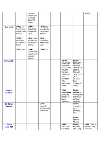 musique
engagé avec
le groupe
OyounAl-
Kalam
Bouzid
Ciné Jamil 14h00: Les
frontièrsdu
ciel de Fares
Naanaa
15h30 :
Dicta-Shot
de Mokhtar
Lajimi
17h00: JOY
14H00 :
Dicta-Shot
de Mokhtar
Lajimi
15h30 : Les
frontièrsdu
ciel de Fares
Naanaa
17h00 :
Much Loved
( ‫في‬ ‫اللى‬ ‫الزين‬‫ك‬ )
de Nabil
Ayouch
14h00: Les
frontièrsdu
ciel de Fares
Naanaa
15h30 :
Dicta-Shot
de Mokhtar
Lajimi
17h00: JOY
El TEATRO 19h00 :
COMMENT
TROUVER
QUELQU'UN
COMME
TOI, ALI?
‫أالقي‬‫ّك‬‫ي‬‫ز‬‫فين‬
‫يا‬‫علي‬
De Raeda
Taha
(Palestine/
Liban)
19h00 :
COMMENT
TROUVER
QUELQU'UN
COMME
TOI, ALI?
‫أالقي‬‫ّك‬‫ي‬‫ز‬‫فين‬
‫يا‬‫علي‬
De Raeda
Taha
(Palestine/
Liban)
Espace
l’Artisto
17h00 :
Coïncidence
, pièce de
théâtre de
Ghazi
Zaghbani
16h30 :
« Rendez-
vous » pièce
de théâtre
de Ghazi
Zaghbani
C.C Taher
Haddad
15h00 :
rencontre
« le mercredi
littéraire »
15h00 :
rencontre
sur la
photogra-
phie
17h00 :
Mjaless
Attarab
Théâtre
4ème ART
16h00 :
« Bis » de
SoniaZarg
16h00 :
« Bis » de
SoniaZarg
16h00 : « Bis»
de SoniaZarg
Ayounah
 