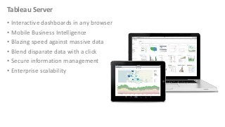 Tableau Server
• Interactive dashboards in any browser
• Mobile Business Intelligence
• Blazing speed against massive data
• Blend disparate data with a click
• Secure information management
• Enterprise scalability

 