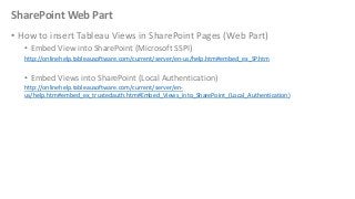 SharePoint Web Part
• How to insert Tableau Views in SharePoint Pages (Web Part)
• Embed View into SharePoint (Microsoft SSPI)
http://onlinehelp.tableausoftware.com/current/server/en-us/help.htm#embed_ex_SP.htm

• Embed Views into SharePoint (Local Authentication)
http://onlinehelp.tableausoftware.com/current/server/enus/help.htm#embed_ex_trustedauth.htm#Embed_Views_into_SharePoint_(Local_Authentication)

 