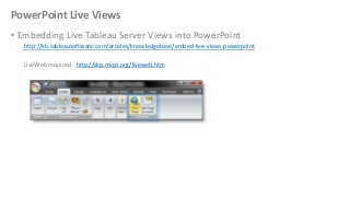 PowerPoint Live Views
• Embedding Live Tableau Server Views into PowerPoint
http://kb.tableausoftware.com/articles/knowledgebase/embed-live-views-powerpoint
LiveWeb required - http://skp.mvps.org/liveweb.htm

 