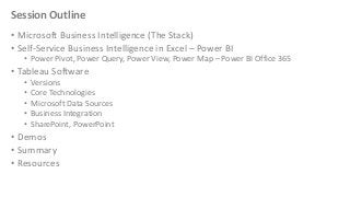 Session Outline
• Microsoft Business Intelligence (The Stack)
• Self-Service Business Intelligence in Excel – Power BI
• Power Pivot, Power Query, Power View, Power Map – Power BI Office 365

• Tableau Software
•
•
•
•
•

Versions
Core Technologies
Microsoft Data Sources
Business Integration
SharePoint, PowerPoint

• Demos
• Summary
• Resources

 