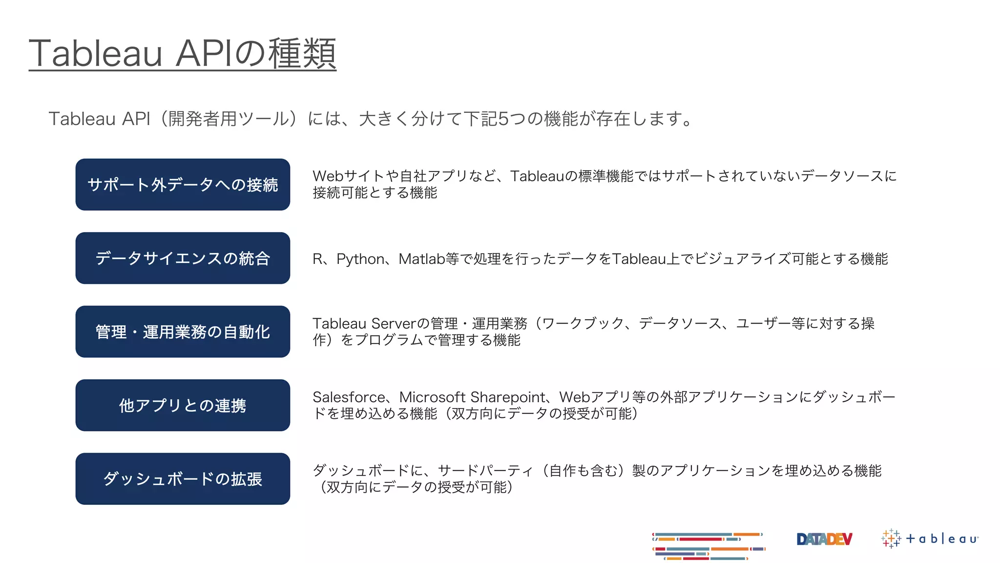 Tableau APIの種類
Tableau API（開発者用ツール）には、大きく分けて下記5つの機能が存在します。
サポート外データへの接続
Webサイトや自社アプリなど、Tableauの標準機能ではサポートされていないデータソースに
接続可能とする機能
管理・運用業務の自動化
データサイエンスの統合
他アプリとの連携
ダッシュボードの拡張
Tableau Serverの管理・運用業務（ワークブック、データソース、ユーザー等に対する操
作）をプログラムで管理する機能
R、Python、Matlab等で処理を行ったデータをTableau上でビジュアライズ可能とする機能
Salesforce、Microsoft Sharepoint、Webアプリ等の外部アプリケーションにダッシュボー
ドを埋め込める機能（双方向にデータの授受が可能）
ダッシュボードに、サードパーティ（自作も含む）製のアプリケーションを埋め込める機能
（双方向にデータの授受が可能）
 