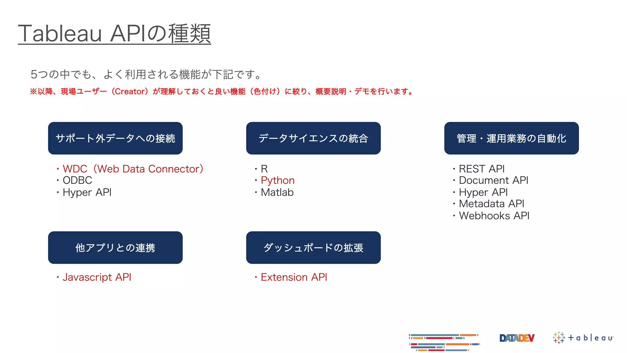 Tableau APIの種類
5つの中でも、よく利用される機能が下記です。
サポート外データへの接続 管理・運用業務の自動化
データサイエンスの統合
他アプリとの連携 ダッシュボードの拡張
・WDC（Web Data Connector）
・ODBC
・Hyper API
・R
・Python
・Matlab
・REST API
・Document API
・Hyper API
・Metadata API
・Webhooks API
・Javascript API ・Extension API
※以降、現場ユーザー（Creator）が理解しておくと良い機能（色付け）に絞り、概要説明・デモを行います。
 