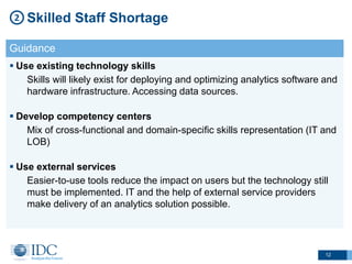 12
Skilled Staff Shortage2
Guidance
 Use existing technology skills
Skills will likely exist for deploying and optimizing analytics software and
hardware infrastructure. Accessing data sources.
 Develop competency centers
Mix of cross-functional and domain-specific skills representation (IT and
LOB)
 Use external services
Easier-to-use tools reduce the impact on users but the technology still
must be implemented. IT and the help of external service providers
make delivery of an analytics solution possible.
 