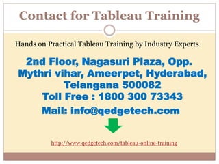 Contact for Tableau Training
2nd Floor, Nagasuri Plaza, Opp.
Mythri vihar, Ameerpet, Hyderabad,
Telangana 500082
Toll Free : 1800 300 73343
Mail: info@qedgetech.com
Hands on Practical Tableau Training by Industry Experts
http://www.qedgetech.com/tableau-online-training
 