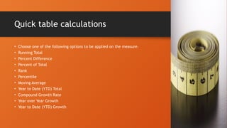 Quick table calculations
• Choose one of the following options to be applied on the measure.
• Running Total
• Percent Difference
• Percent of Total
• Rank
• Percentile
• Moving Average
• Year to Date (YTD) Total
• Compound Growth Rate
• Year over Year Growth
• Year to Date (YTD) Growth
 