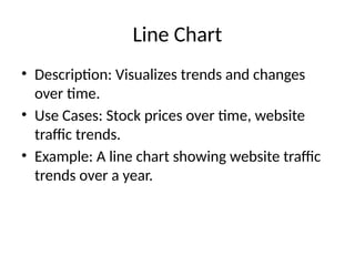 Line Chart
• Description: Visualizes trends and changes
over time.
• Use Cases: Stock prices over time, website
traffic trends.
• Example: A line chart showing website traffic
trends over a year.
 