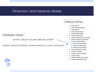 Dimension and measure aliases 
Database names: 
product_discount_at_sale_indicator_number 
product_discount_indicator_number_based_on_current_retail_price 
Tableau names: 
 