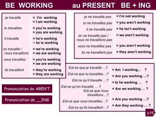 Est-ce que je travaille ...?  Est-ce que tu travaille s …? Est-ce qu’il travaille   …? Est-ce qu’on travaille   … ?  Est-ce que nous travaillons…? Est-ce que vous travaille z …?  Est-ce qu’ils travaille nt …? = Am  I working...  ?  = Are you working   …? = Is he working   …  ? = Are we working   … ?  V  = Are you working   …?  = Are they working   … ? BE  WORKING  au PRESENT  BE + ING je ne travaille pas  tu ne travailles pas il ne travaille pas on ne travaille pas /  nous ne travaillons pas vous ne travaillez pas  ils ne travaillent pas = I’m not working = you aren’t working = he isn’t working = we aren’t working   v  = you aren’t working = they aren’t working je travaille  c tu travailles  b   Il travaille  n on travaille   /  nous travaillons vous travaillez  n   ils travaillent  n =  I’m  working  = I am working  = you’re working  = you are working = he’s working   =  he is working = we’re working  = we are working   = you’re working  = we are working = they’re working  = they are working p16 Prononciation de  AREN’T Prononciation de  __ING 