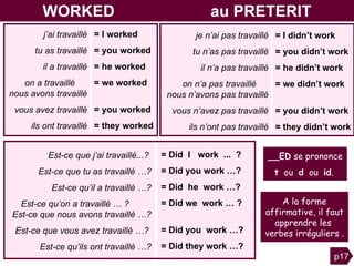 WORKED  au PRETERIT je n’ai pas travaillé tu n’as pas travaillé il n’a pas travaillé on n’a pas travaillé   nous n’avons pas travaillé vous n’avez pas travaillé ils n’ont pas travaillé = I didn’t work = you didn’t work = he didn’t work = we didn’t work   V =   you didn’t work = they didn’t work j’ai travaillé tu as travaillé il a travaillé on a travaillé   nous avons travaillé vous avez travaillé ils ont travaillé = I worked = you worked = he worked = we worked   V  = you worked = they worked Est-ce que j’ai travaillé...?  Est-ce que tu as travaillé   …? Est-ce qu’il a travaillé   …? Est-ce qu’on a travaillé   … ?  Est-ce que nous avons travaillé   …? Est-ce que vous avez travaillé   …?  Est-ce qu’ils ont travaillé   …? = Did  I  work  ...  ?  = Did you work   …? = Did  he  work   …? = Did we  work   … ?  V   = Did you  work   …?  = Did they work   …? p17 A la forme affirmative, il faut apprendre les  verbes irréguliers .  __ED  se prononce  t   ou  d   ou  id .  