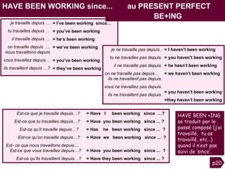 HAVE BEEN WORKING since...  au PRESENT PERFECT  je travaille depuis … tu travailles depuis … il travaille depuis … on travaille depuis ….   nous travaillons depuis vous travaillez depuis… ils travaillent depuis …? = I’ve been working  since…  = you’ve been working  = he’s been working  = we’ve been working   v   = you’ve been working  = they’ve been working Est-ce que je travaille depuis…?  Est-ce que tu travailles depuis…?   Est-ce qu’il travaille depuis…?  Est-ce qu’on travaille depuis…?  Est- ce que nous travaillons depuis…  Est-ce que vous travaillez depuis…? Est-ce qu’ils travaillent depuis…? = Have  I  been working  since  …?  = Have  you been working   since   ... ?  = Has  he  been working   since   ...  ?  = Have  we  been working  since   ...  ?  V  = Have  you been working  since   ...  ?  = Have they been working   since   ... ?   je ne travaille pas depuis…  tu ne travailles pas depuis… il ne travaille pas depuis… on ne travaille pas depuis…   ils ne travaillent pas depuis… vous ne travaillez pas depuis… ils ne travaillent pas depuis… p20 = I haven’t been working = you haven’t been working   = he hasn’t been working = we haven’t been working   V  v   =   you haven’t been working  =they haven’t been working BE+ING  HAVE BEEN +ING se traduit par le passé composé (j’ai travaillé,  tu as travaillé, etc…)  quand il n’est pas suivi de ‘since’.  