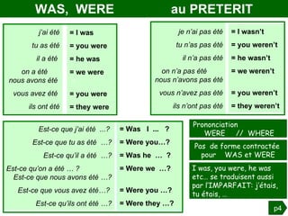 WAS,  WERE  au PRETERIT je n’ai pas été tu n’as pas été il n’a pas été on n’a pas été  nous n’avons pas été vous n’avez pas été ils n’ont pas été = I wasn’t = you weren’t = he wasn’t = we weren’t  V =   you weren’t = they weren’t j’ai été tu as été il a été  on a été  nous avons été  vous avez été  ils ont été = I was = you were = he was = we were  V  = you were = they were Est-ce que j’ai été  ...?  Est-ce que tu as été  …? Est-ce qu’il a été  …? Est-ce qu’on a été … ?  Est-ce que nous avons été …? Est-ce que vous avez été…?  Est-ce qu’ils ont été …? = Was  I  ...  ?  = Were you…? = Was he  …  ? = Were   we  …?  V  = Were   you …?  = Were   they …? I was, you were, he was etc… se traduisent aussi par l’IMPARFAIT: j’étais, tu étais, … p4 Pas  de forme contractée  pour  WAS et WERE Prononciation  WERE  //  WHERE 