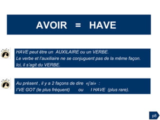 AVOIR  =  HAVE  Au présent , il y a 2 façons de dire  «j’ai»  :  I’VE GOT (le plus fréquent)  ou  I HAVE  (plus rare). p8 HAVE peut être un  AUXILAIRE ou un VERBE.  Le verbe et l’auxiliaire ne se conjuguent pas de la même façon.  Ici, il s’agit du VERBE. 