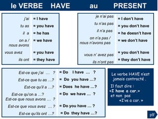 Est-ce que j’ai  …  ? Est-ce que tu as …?  Est-ce qu’il a …?  Est-ce qu ’on a …?  Est-ce que nous avons …  ? Est-ce que vous avez  … ? Est-ce qu’ils ont …?  je n’ai pas tu n’as pas il n’a pas  on n’a pas /  nous n’avons pas c   vous n’ avez pas ils n’ont pas = I don’t have = you don’t have = he doesn’t have = we don’t have  b = you don’t have = they don’t have j’ai tu as il  a on a / nous avons vous avez  ils ont = I have = you have   = he has   = we have   v = you have   = they have   = Do  I have  …  ?  =  Do  you have …?  = Does  he have …?  = Do  we have …  ?   C  = Do you have … ? = Do  they have …?   p9’ le VERBE  HAVE  au  PRESENT Le verbe HAVE n’est jamais contracté .  Il faut dire :  « I have a car. »  et non  pas  «I’ve a car. »  