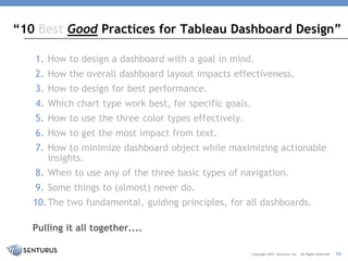 1. How to design a dashboard with a goal in mind.
2. How the overall dashboard layout impacts effectiveness.
3. How to des...