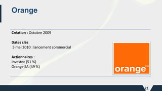 Orange
Création : Octobre 2009
Dates clés
5 mai 2010 : lancement commercial
Actionnaires :
Investec (51 %)
Orange SA (49 %...