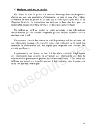 4) Quelques conditions de succées:

   Un tableau de bord de gestion doit construit davantage dans une perspective
d'action que dans une perspective d'information. La mise en place d'un système
de tableau de bord de gestion n'a de sens que si eelle reçoit l'appui total de la
Direction Générale. La formulation des tableaux de bord doit être, pour un
responsable, l'occasion de faire participer ses principaux collaborateurs.

   Un tableau de bord de gestion se réfère davantage à des informations
opérationnelles qu'à des données comptable qui sont toujours fournies avec un
décalage assez grand.




                                                                                t
    En aucun cas la sortie d'un tableau de bord de gestion ne doit être retardée : si




                                                                              e
une information manque, elle peut être estimée (et confirmée par la suite). La
remontée de l'information doit être rapide (elle emprunte donc souvent des




                                           .n
circuits spécifiques).




                                         s
    La présentation des tableaux de bord doit être claire et faciliter l'exploitation




                                       r
des informations (des données ne deviennent des informations que dans la
mesure où elles permettent de prendre des actions correctives) : il faut éviter des




                                      u
tableaux trop complexes, et parfois recourir à des graphiques dans la mesure où




                                    o
ils ne sont pas trop sophistiqués.




    s c
to u

                                                                                  26
 