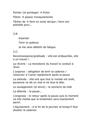 Pointer (le pointage)  fichar
Flâner  pasear tranquilamente
Tâcher de  faire en sorte de/que / faire son
possible pour...
2.B.
Arpenter
Tenir la cadence
Je me sens défaillir de fatigue
2.C.
Reconnaissance/gratitude : elle est embauchée, elle
a un travail !
La rêverie : La monotonie du travail la conduit à
rêver
L’urgence : obligation de tenir la cadence /
retourner à l’usine rapidement après la pause
La solitude : elle voit que tout le monde est isolé,
personne ne dit un mot ni ne lève la tête.
Le soulagement (el alivio) : la sonnerie de midi
La détente : la pause...
L’angoisse : le retour après la pause puis le moment
où elle réalise que le lendemain sera exactement
pareil.
L’épuisement : à la fin de la journée et lorsqu’il faut
doubler la cadence
 