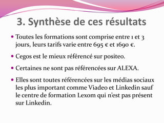 3. Synthèse de ces résultats
 Toutes les formations sont comprise entre 1 et 3
jours, leurs tarifs varie entre 695 € et 1690 €.
 Cegos est le mieux référencé sur positeo.
 Certaines ne sont pas référencées sur ALEXA.
 Elles sont toutes référencées sur les médias sociaux

les plus important comme Viadeo et Linkedin sauf
le centre de formation Lexom qui n’est pas présent
sur Linkedin.

 