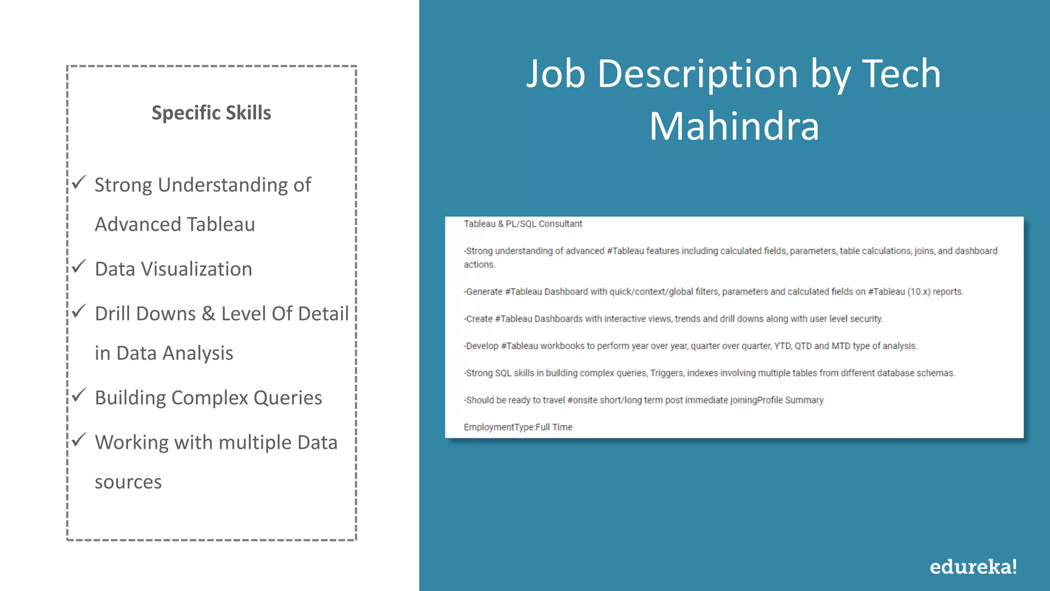 www.edureka.co/tableau-training-for-data-visualizationTableau Training & Certification
Job Description by Tech
MahindraSpecific Skills
✓ Strong Understanding of
Advanced Tableau
✓ Data Visualization
✓ Drill Downs & Level Of Detail
in Data Analysis
✓ Building Complex Queries
✓ Working with multiple Data
sources
 