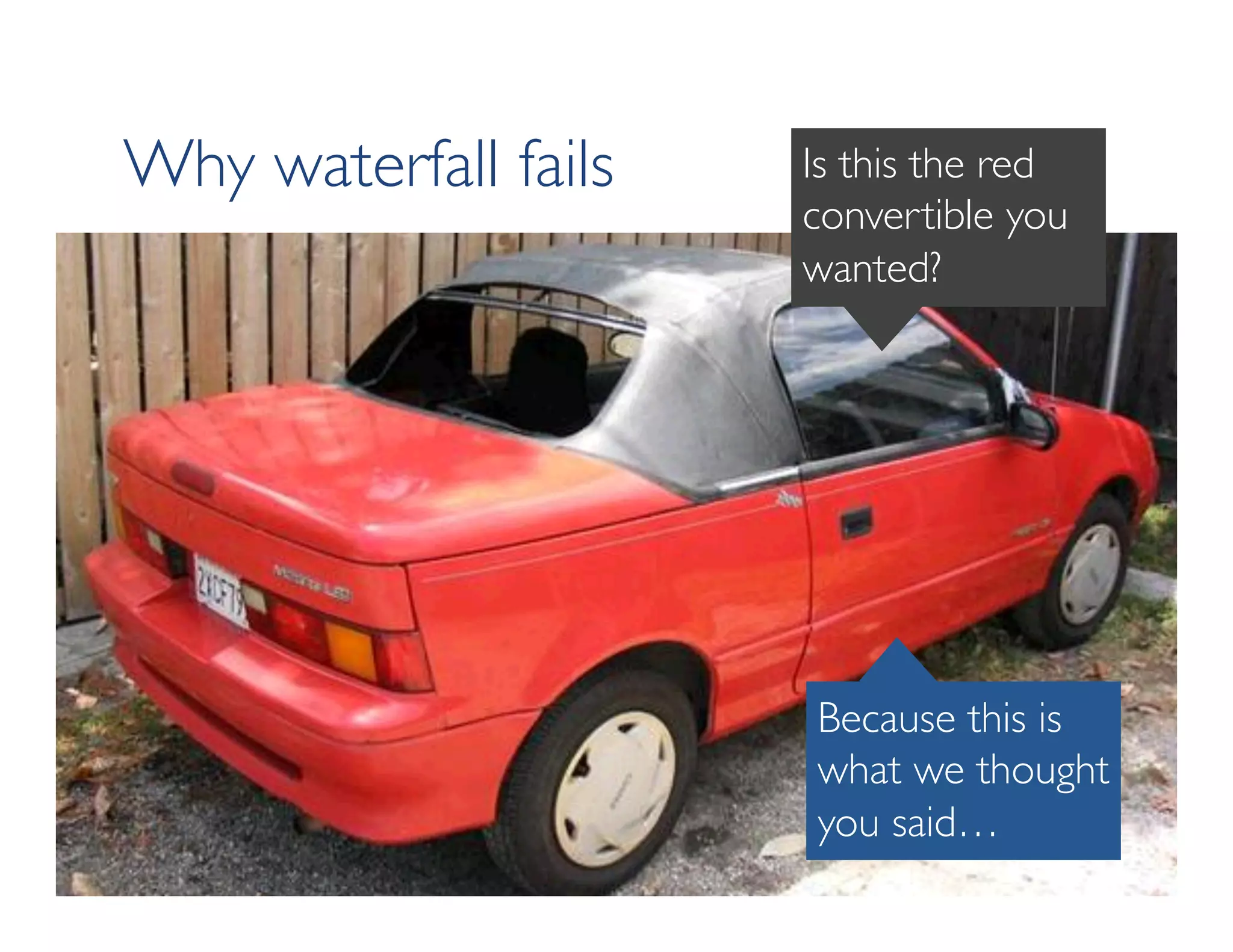 Why waterfall fails 
Is this the red 
convertible you 
wanted? 
Because this is 
what we thought 
you said… 
 
