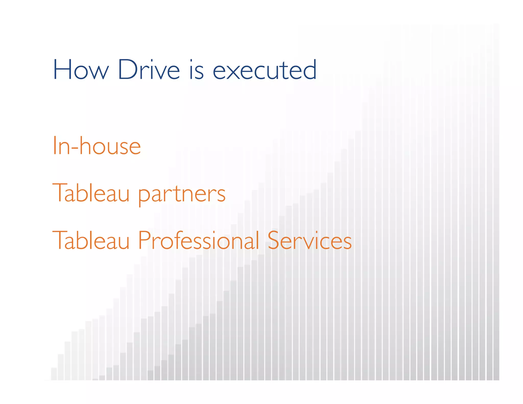How Drive is executed 
In-house 
Tableau partners 
Tableau Professional Services 
 